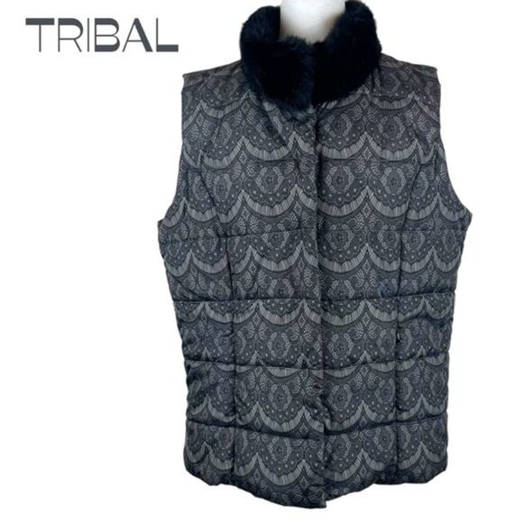 Tribal Black & Gray Lace Print Faux Fur Women's Puffer Vest NWOT Size L - Picture 1 of 12
